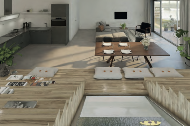 Modernes offenes Wohnzimmer mit Küche, Esstisch und großer Glasfront